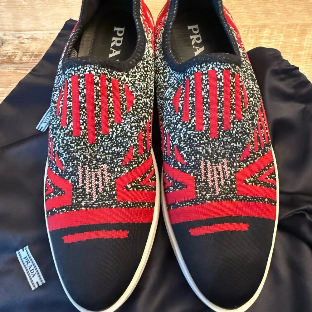Prada Women’s Calzature Donna Knit Slip-On Sneakers — Black & Red 39 - Picture 2 of 15